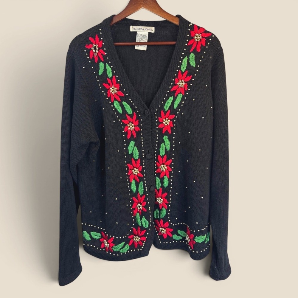 Vintage Cardigan Victoria Jones M Black Ramie Cotton Poinsettia Beaded Holiday